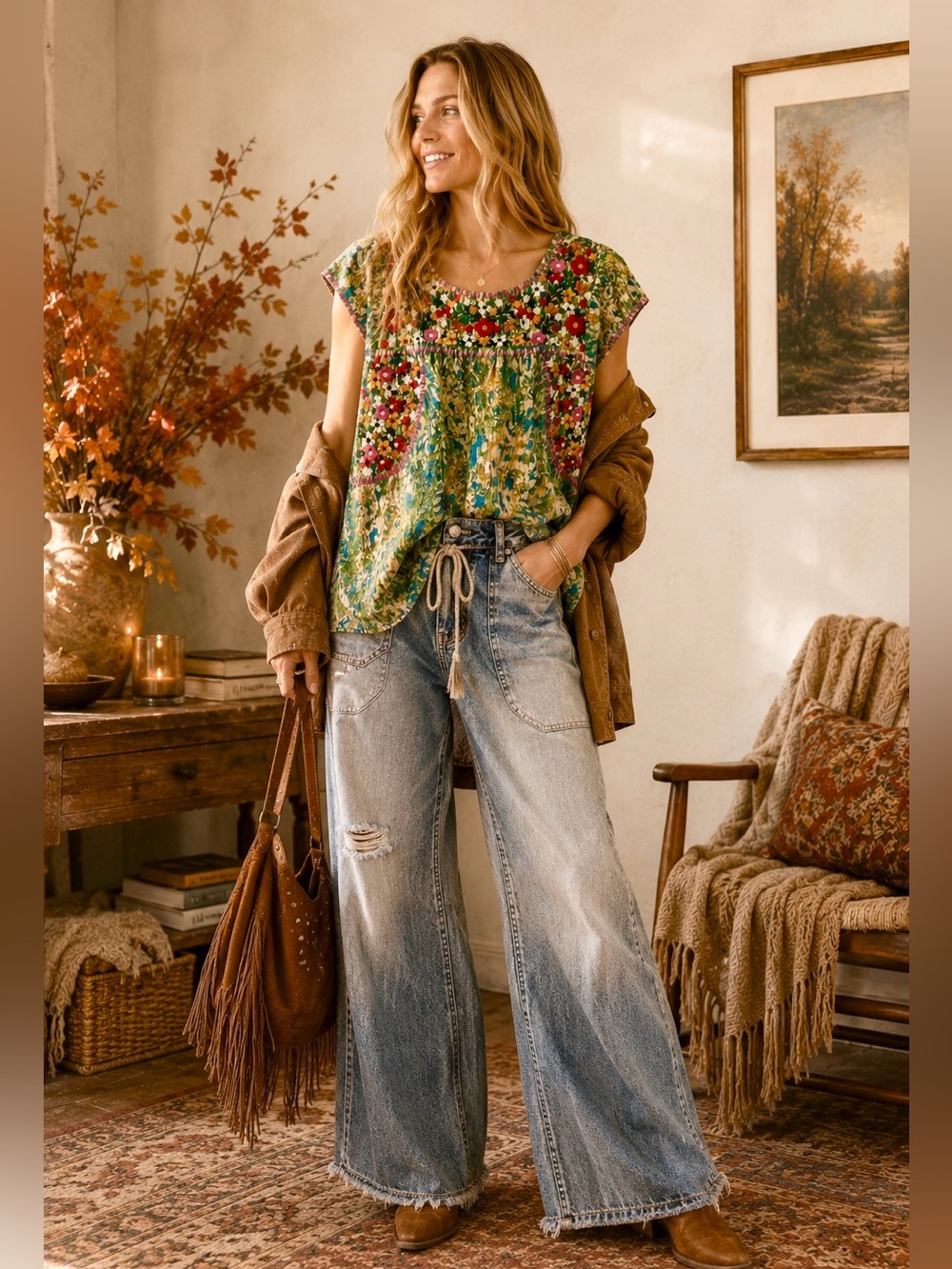 Savanna Jane Floral Embroidered Ikat Tunic Blouse SZ S